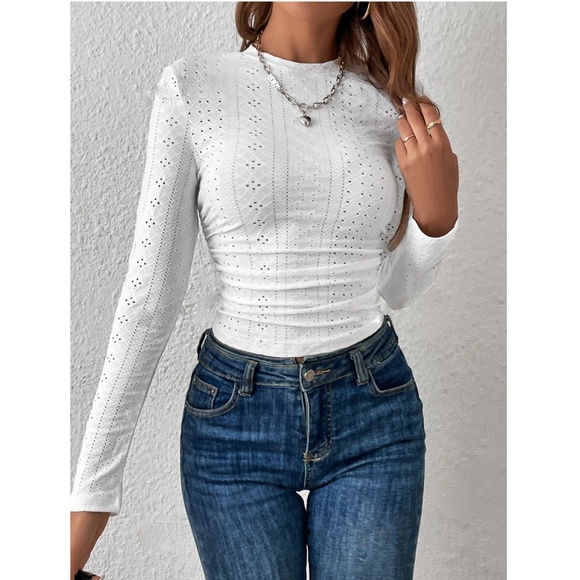 White Eyelet Ruched Long Sleeve Tee Shirt Top - Picture 6 of 8